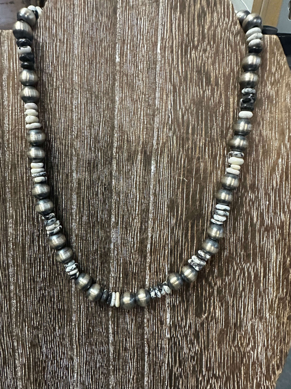 16 inch 8mm Navajo Pearl with White Buffalo Genuine Necklace.