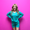 Turquoise Comfy Set Long Sleeve Top w/ Pockets Shorts