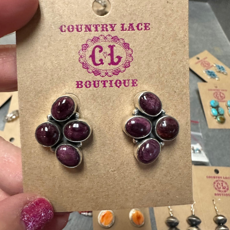 4 Stone Purple Spiny Cluster Stud Genuine Earring