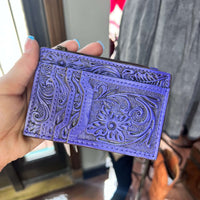 Natural Tooled Leather Card Holder with Zipper