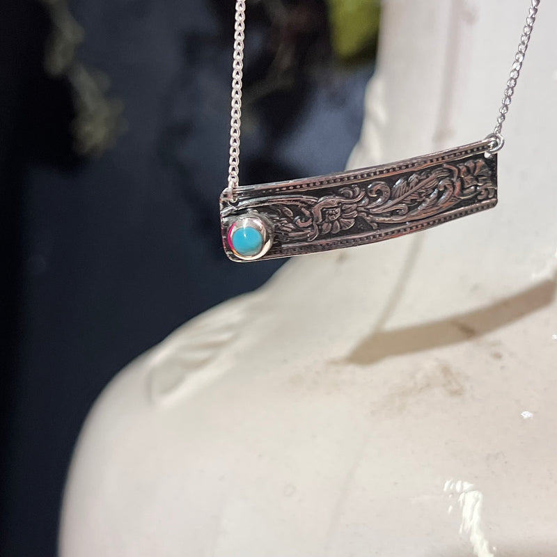 Tooled Bar Turquoise Stone Genuine Necklace