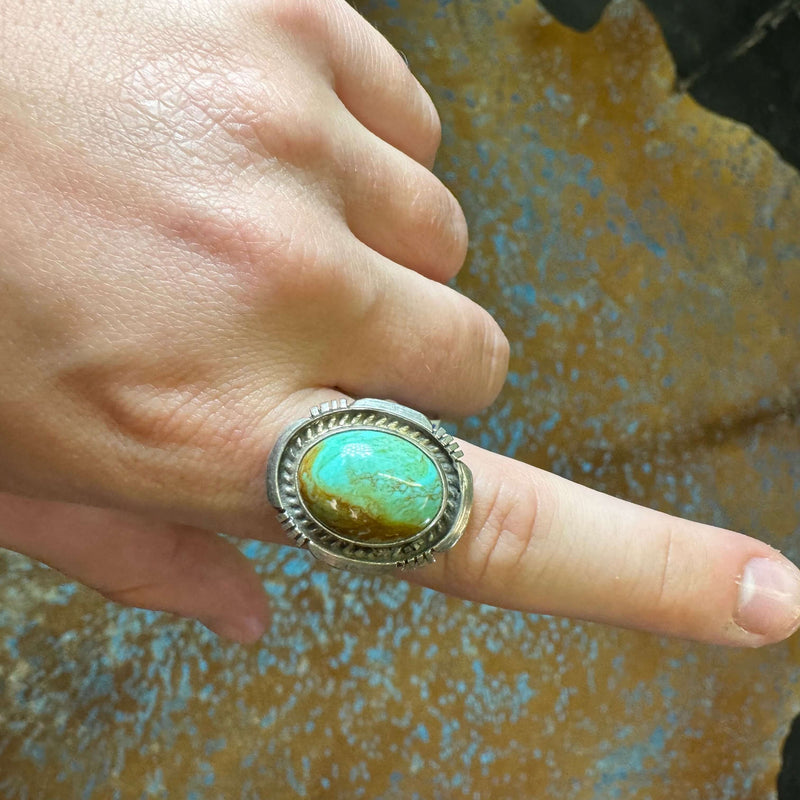 Turquoise Oval Stone Genuine Ring W/ Sterling Detail