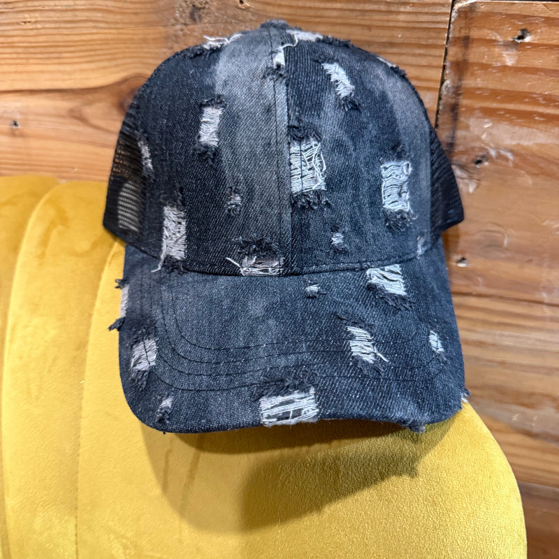 Black Denim Distressed Pony Tail C.C.Hat