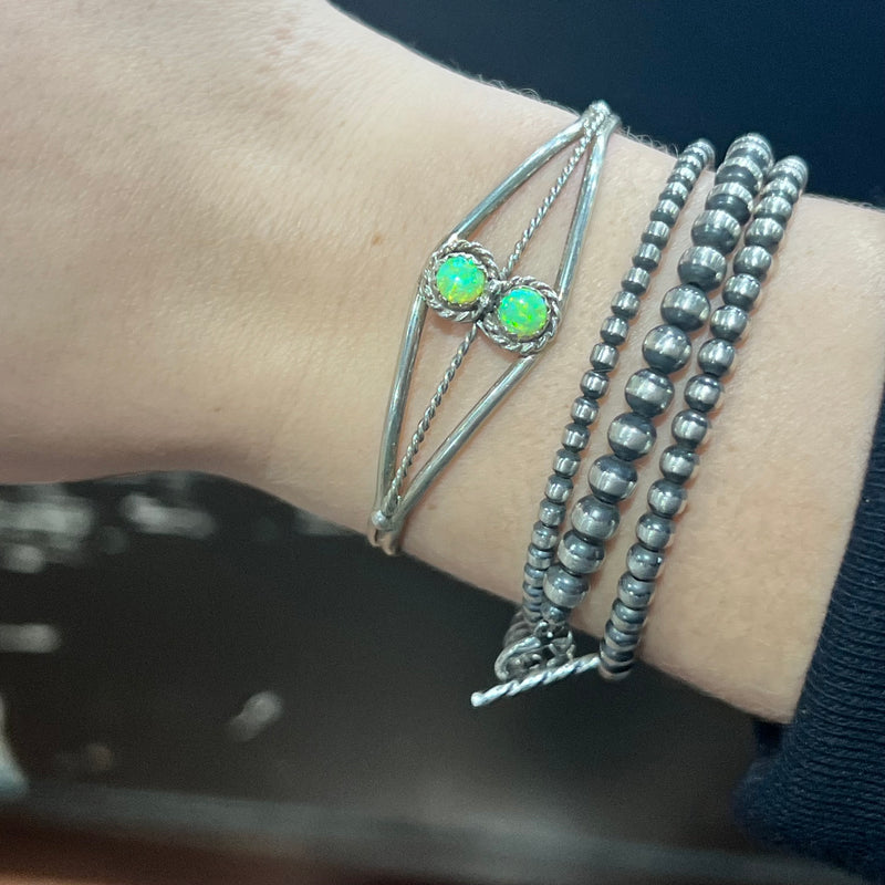 2 Stone Lime Green Opal Cuff Genuine Bracelet