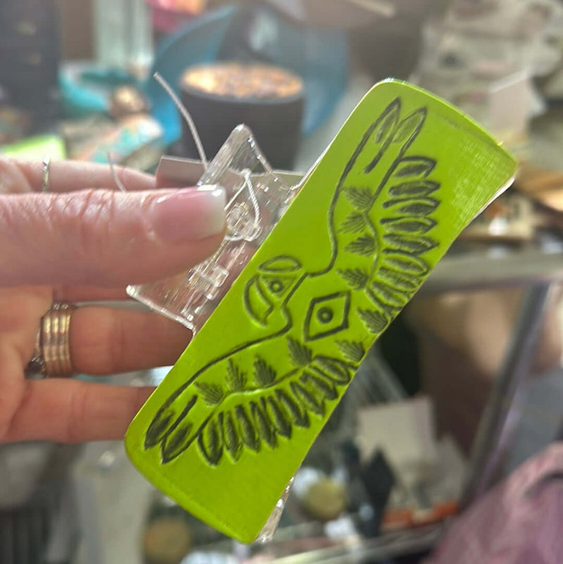 Lime Green Thunderbird Tooled Leather Hair Clip