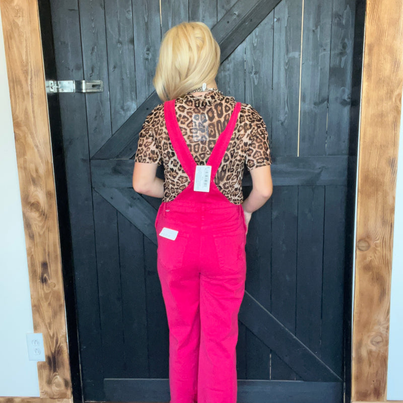 Hot Pink Risen Overalls Crop Jeans / Small