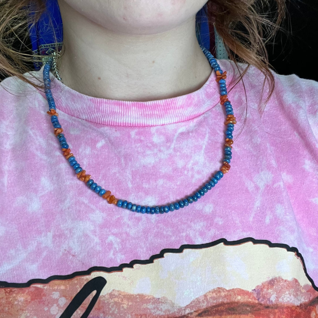 20 inch Lapis and Orange Spiny Genuine Necklace - Country Lace Boutique