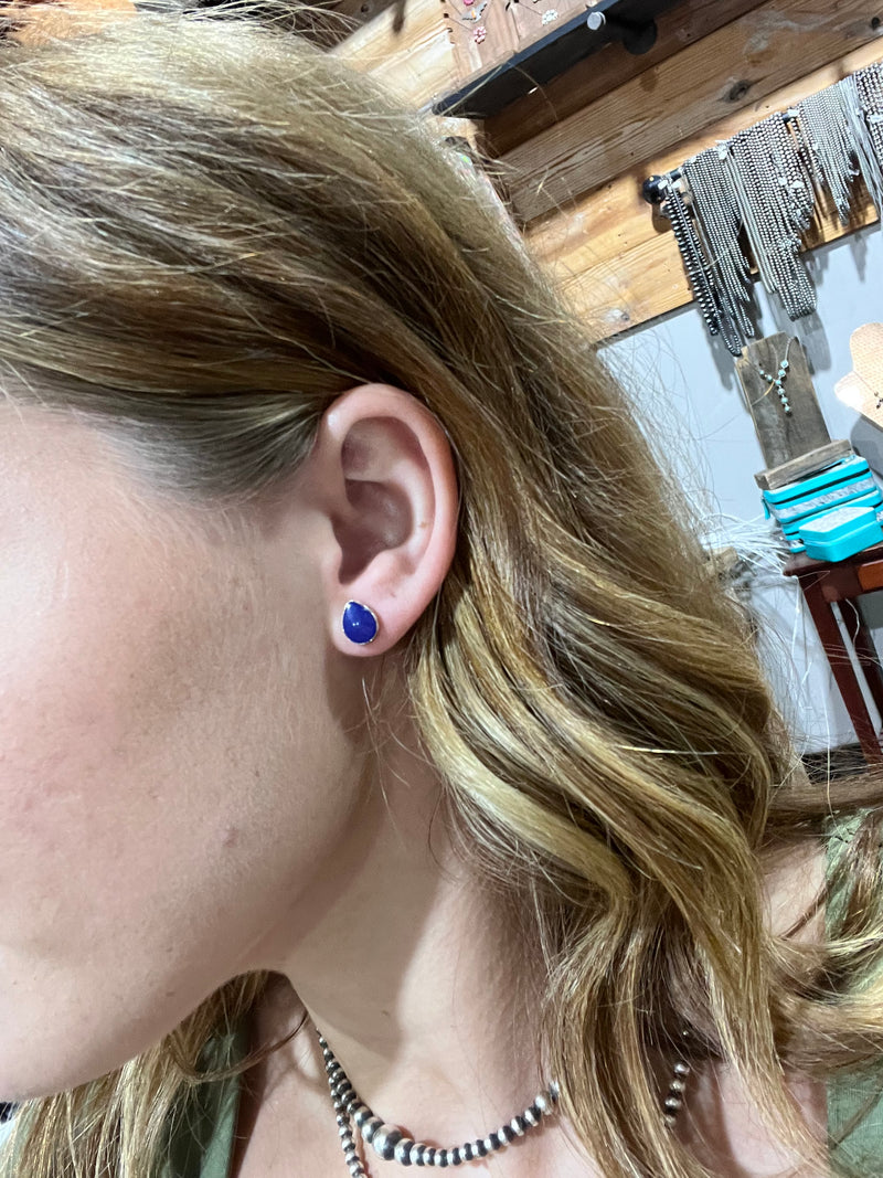 Blue Lapis Tear Drop Stud Genuine Earring