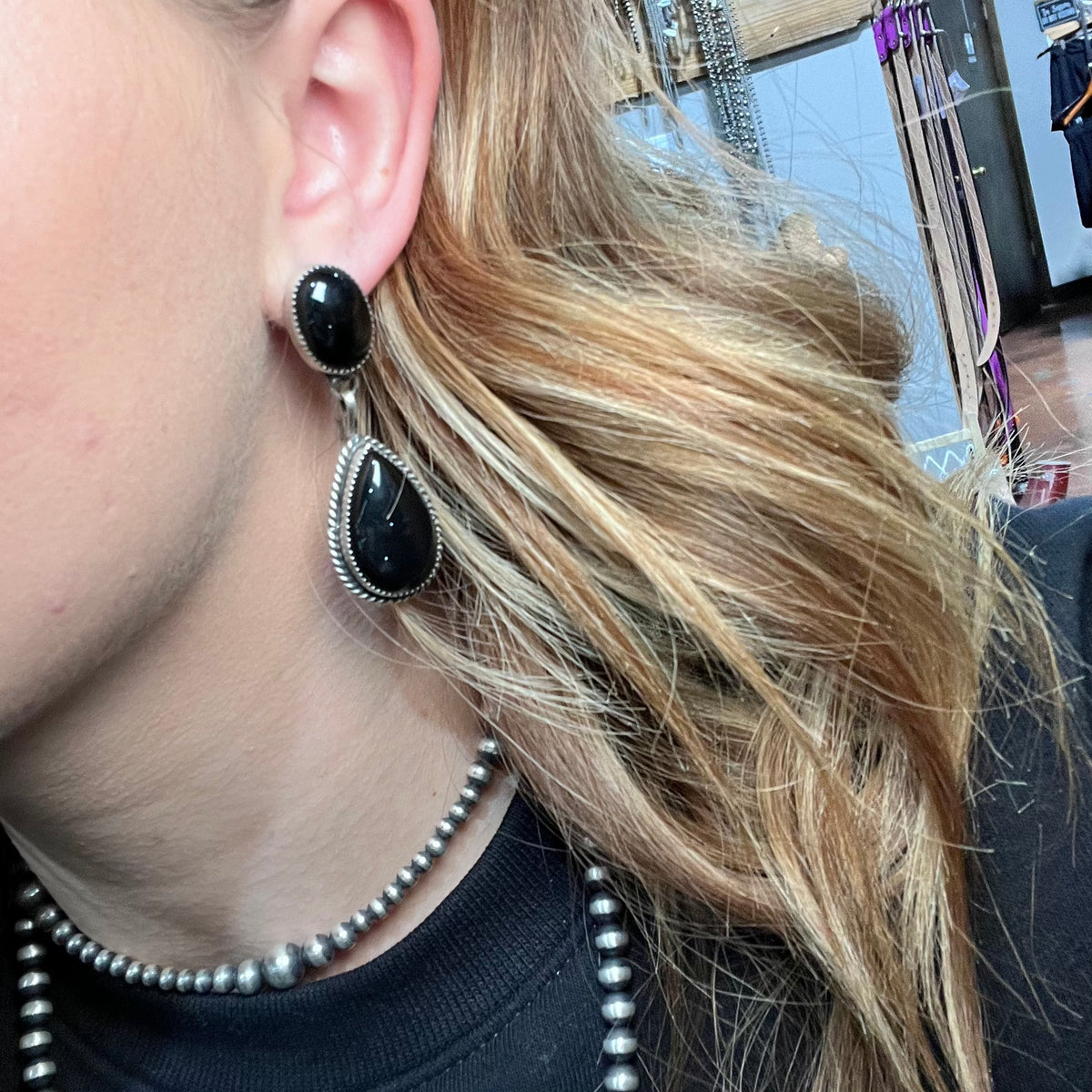 Stunning 2 Stone Black Onyx Dangle Post Sterling Silver Earring