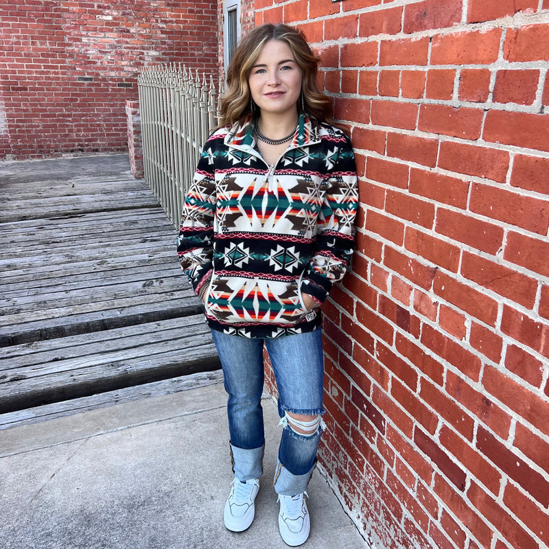 Black Powder River Aztec Printed Fleece Pullover