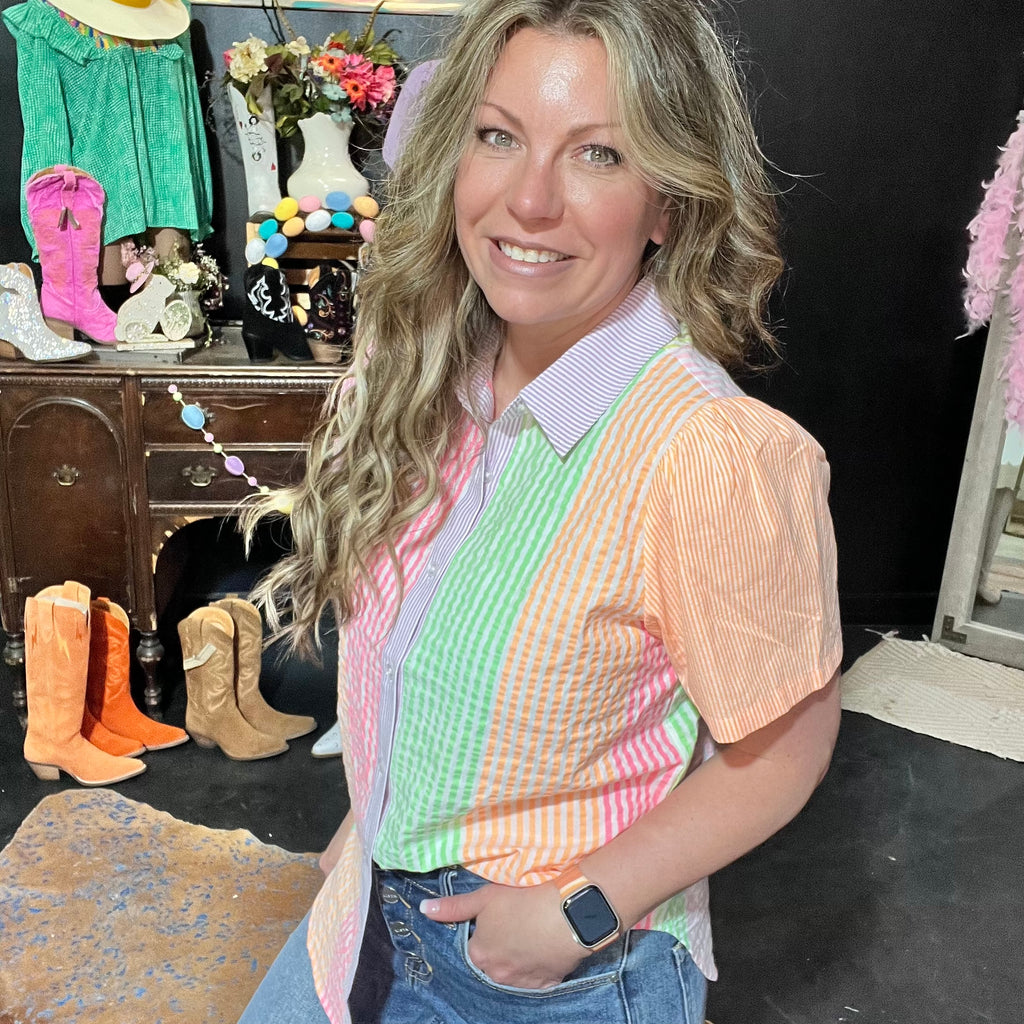 Colorful Stripe Button Down Shortsleeve Top