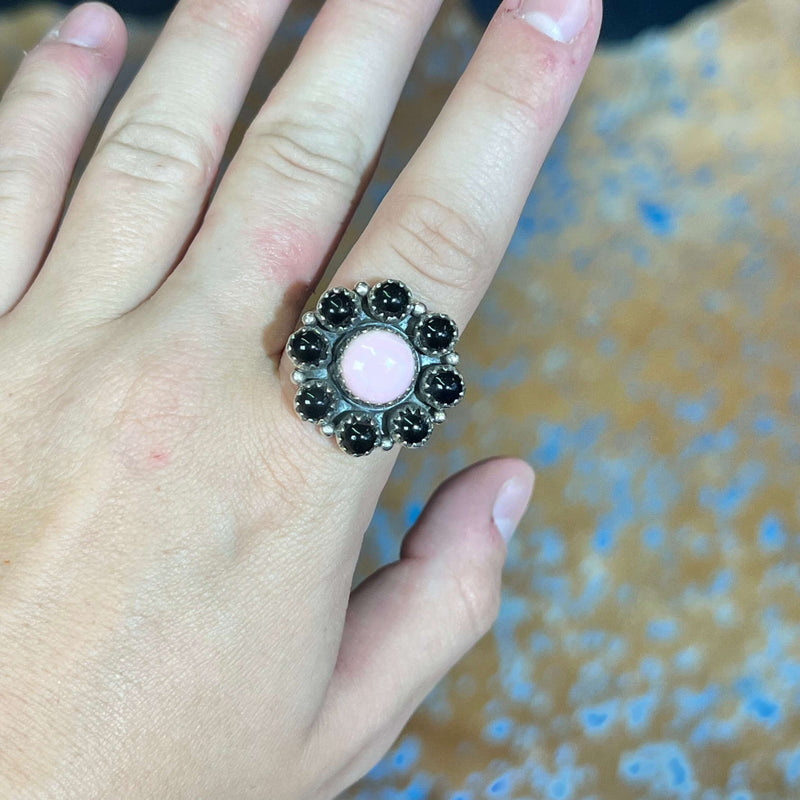 Black Onyx & Pink Conch Cluster Genuine Ring.