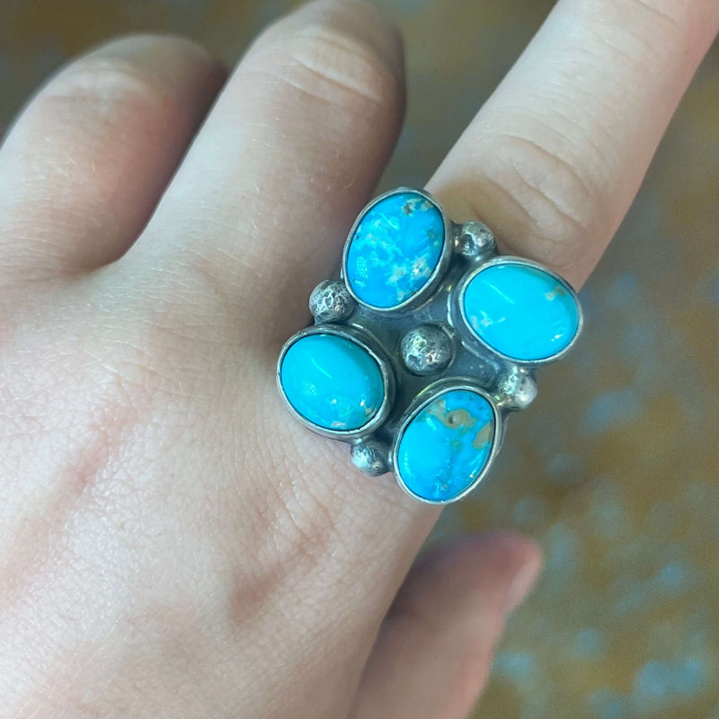 Beautiful 4 Stone Turquoise Adjustable Genuine Ring