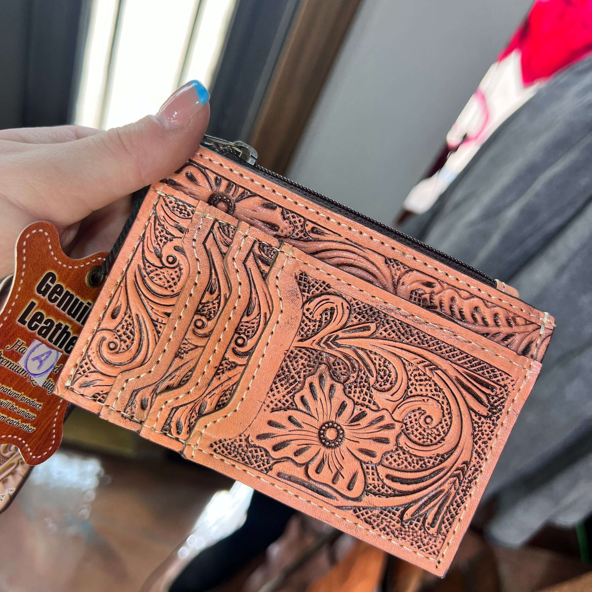 Natural Tooled Leather Card Holder with Zipper