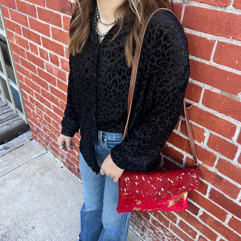 Black Button Down Animal Print Velvet Top