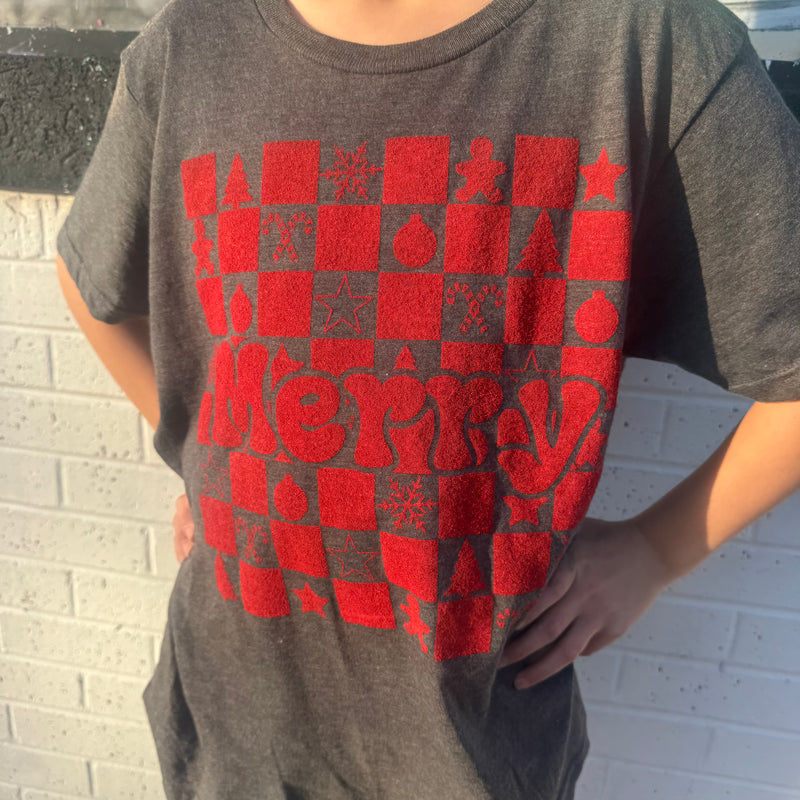 Kids Worn Merry Graphite Heather Grey with Red Crew Neck T-shirt