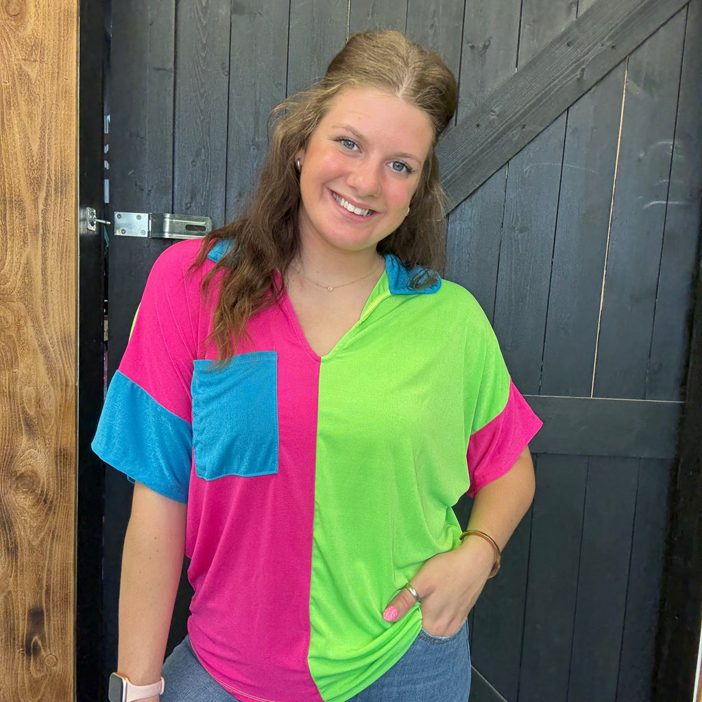 BiBi Slinky Knit Color Block V Neck Front Top