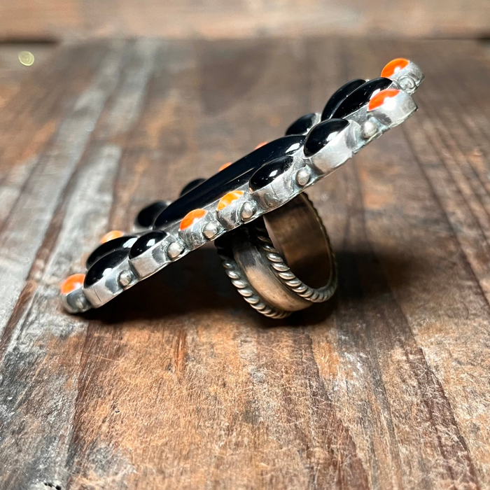 Big Amazing Black Onyx & Orange Spiny Genuine Adjustable Ring.