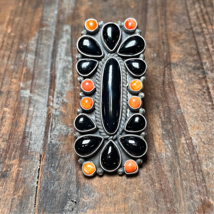 Big Amazing Black Onyx & Orange Spiny Genuine Adjustable Ring.5