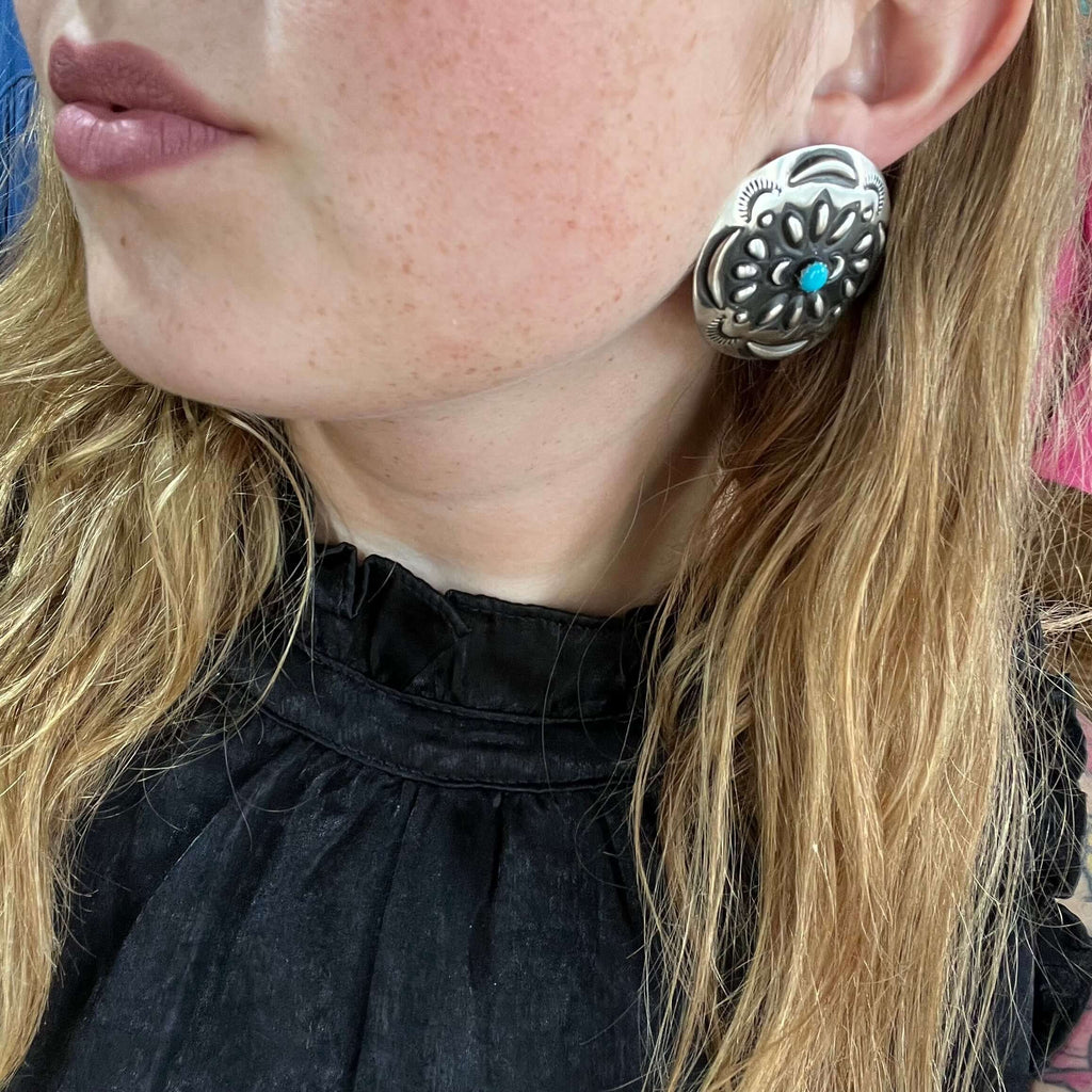 Big Round Conch Turquoise Post Stud Genuine Earring.1