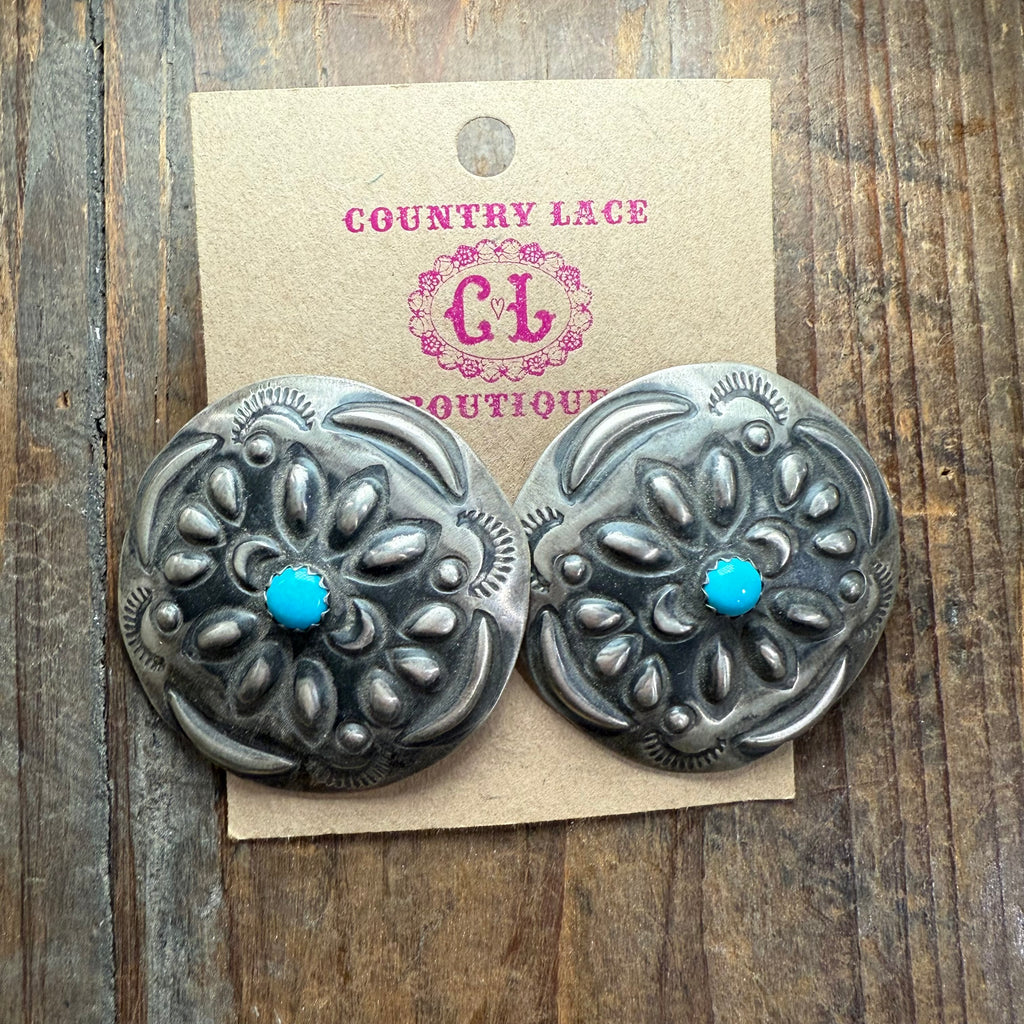Big Round Conch Turquoise Post Stud Genuine Earring.