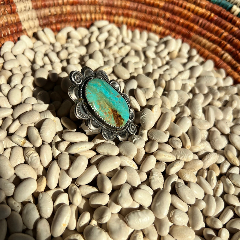 Big Turquoise Stone W/ Flower Detail Adjustable Genuine Ring5