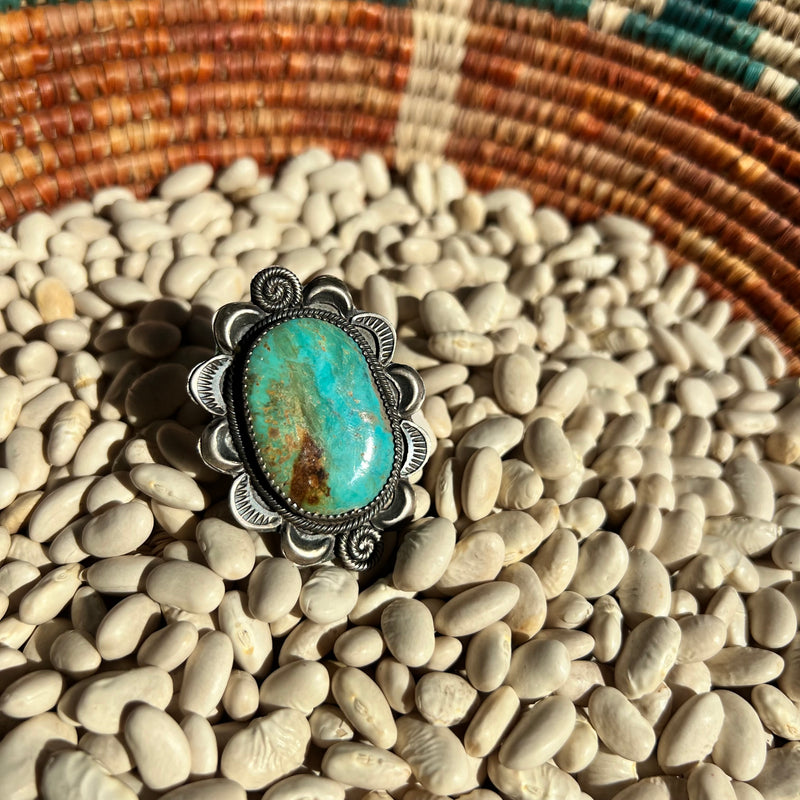 Big Turquoise Stone W/ Flower Detail Adjustable Genuine Ring6
