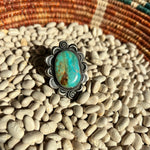 Big Turquoise Stone W/ Flower Detail Adjustable Genuine Ring