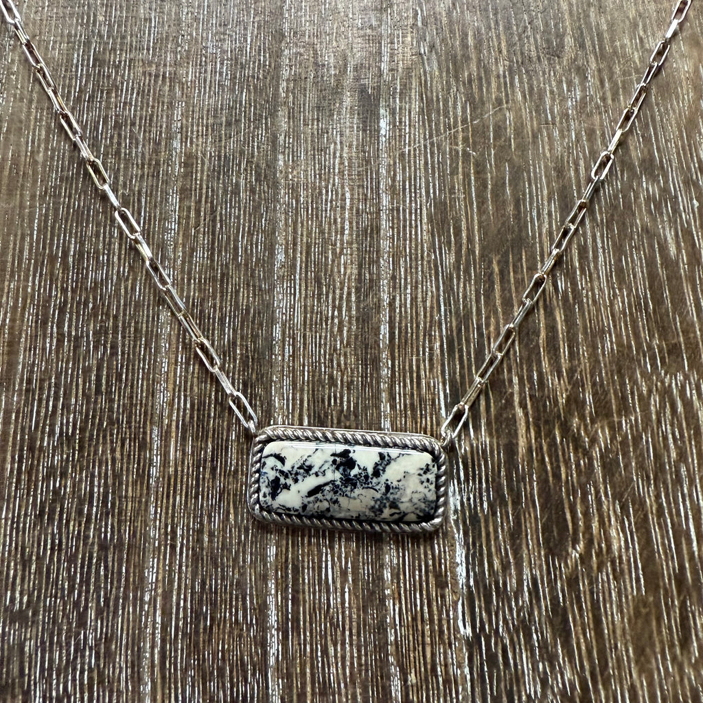 Black  & Cream Jasper  Bar Sterling Silver Genuine Necklace