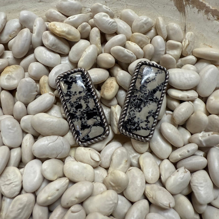 Black & Cream Jasper Bar Stud Genuine Earring