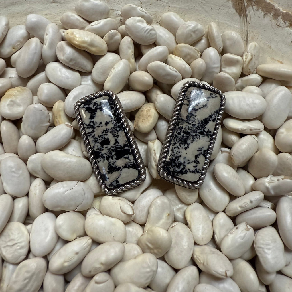 Black & Cream Jasper Bar Stud Genuine Earring