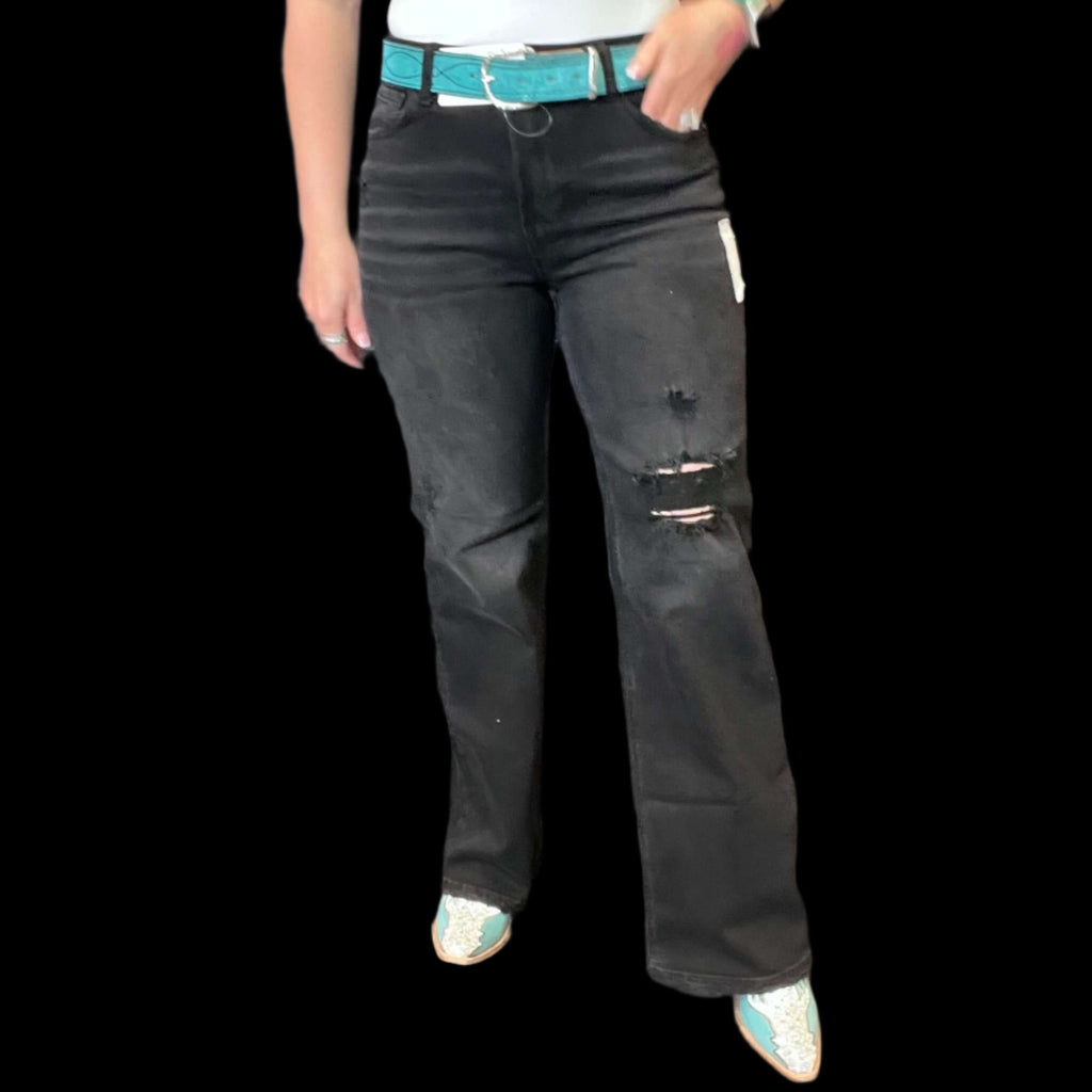 Black Distressed Risen Trouser Jeans