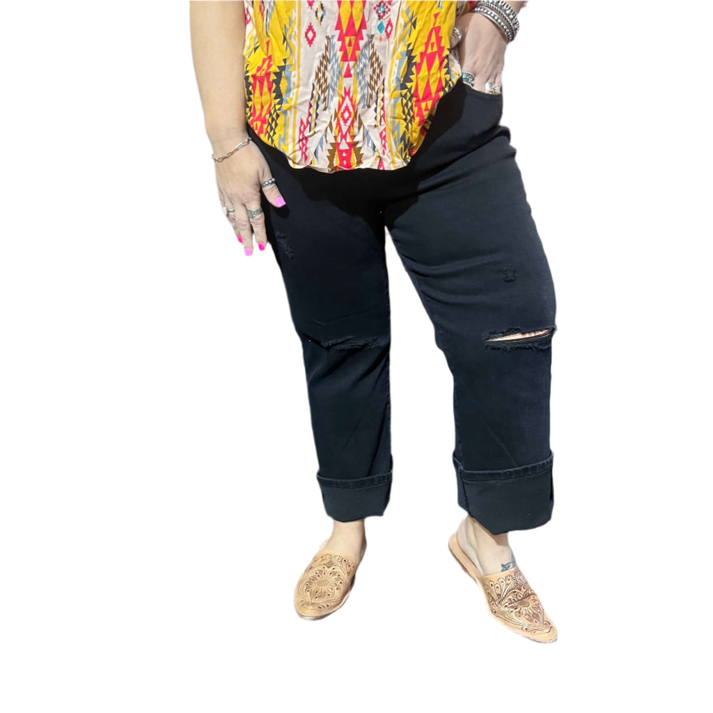 Black High Risen Slim Straight Knee Distressing Plus Size Risen Jeans