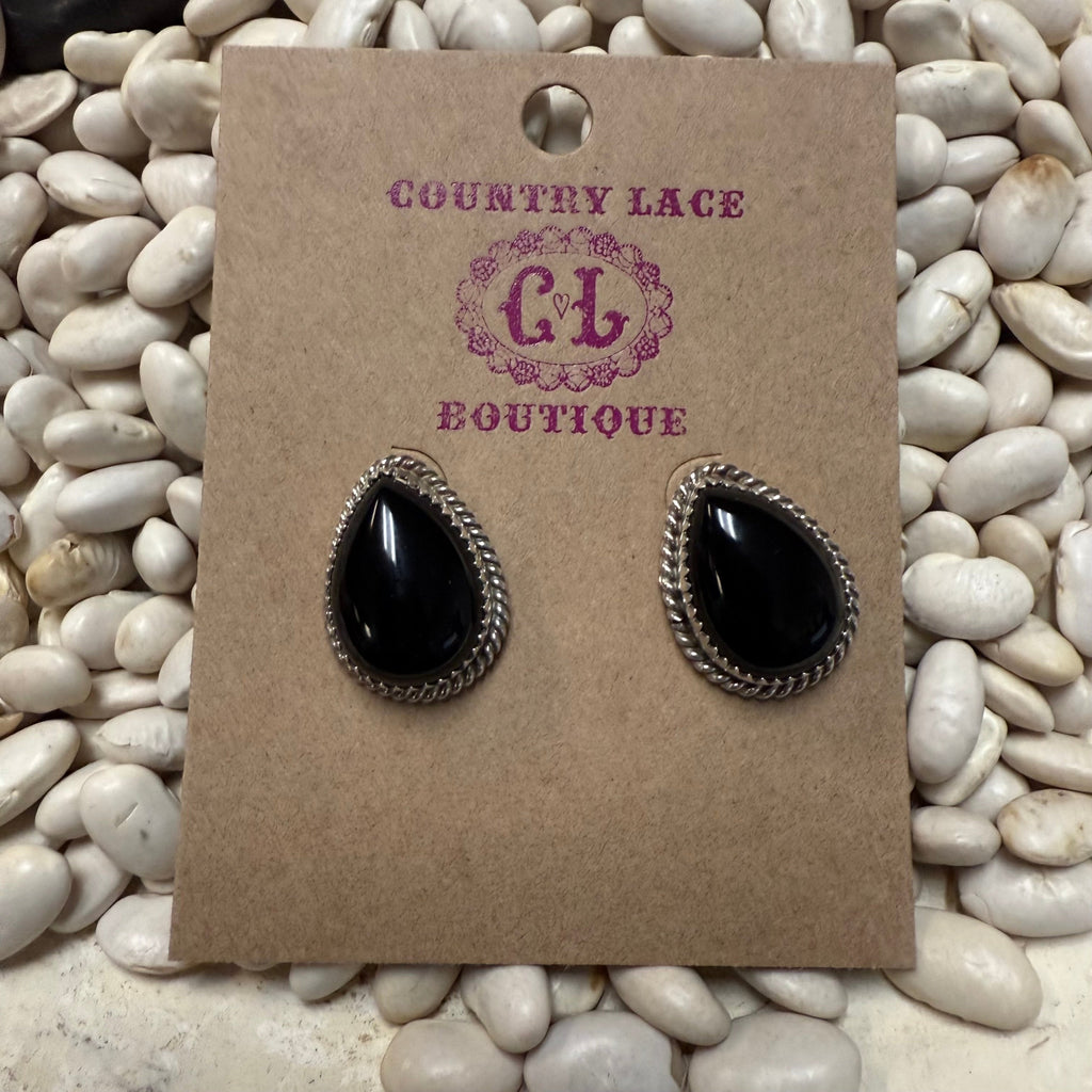 Black Onyx Tear Drop Braided Stud Post Genuine Earring