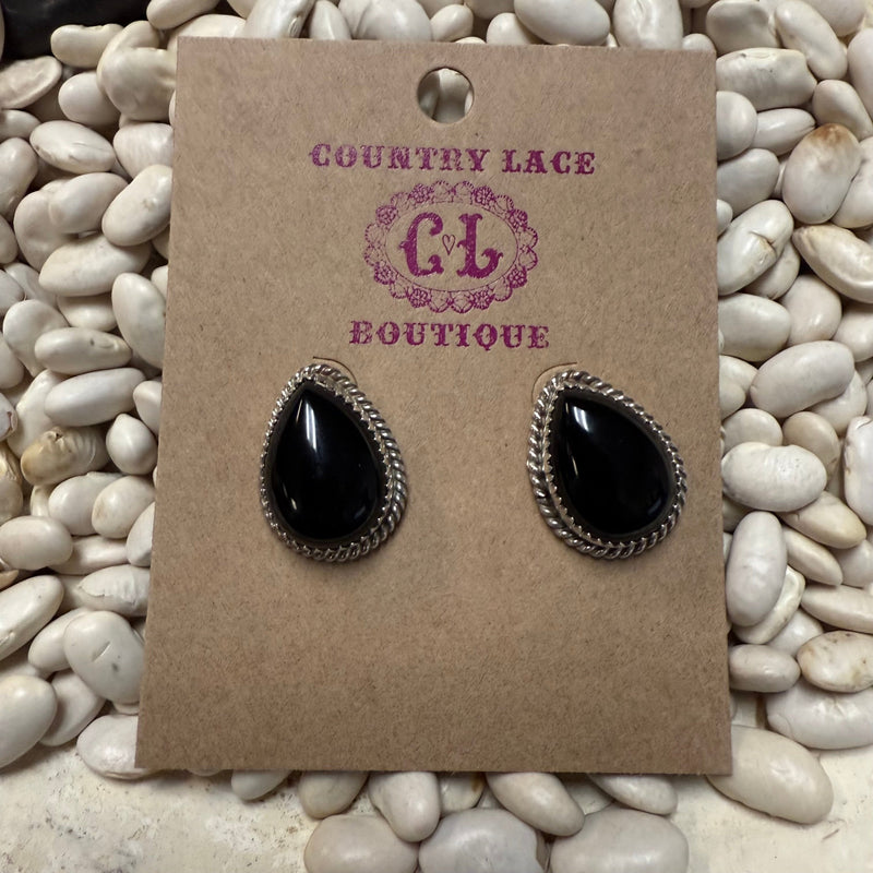 Black Onyx Tear Drop Braided Stud Post Genuine Earring