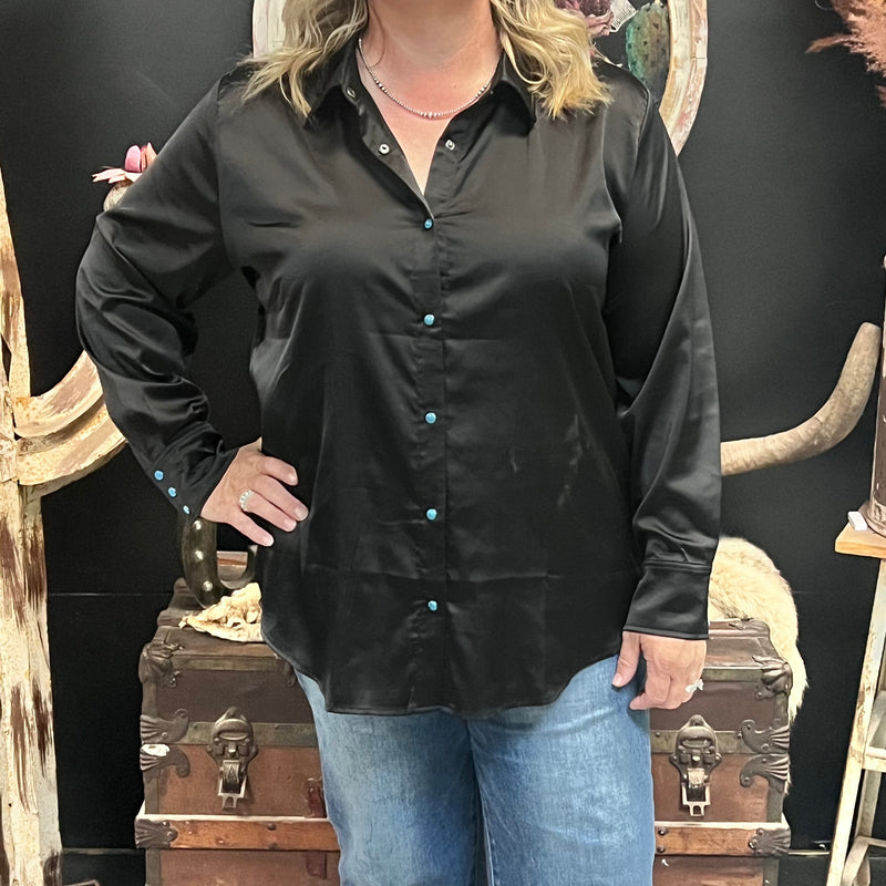 Black Satin Saddles Long Sleeve with Turquoise Snaps Top /3XL2