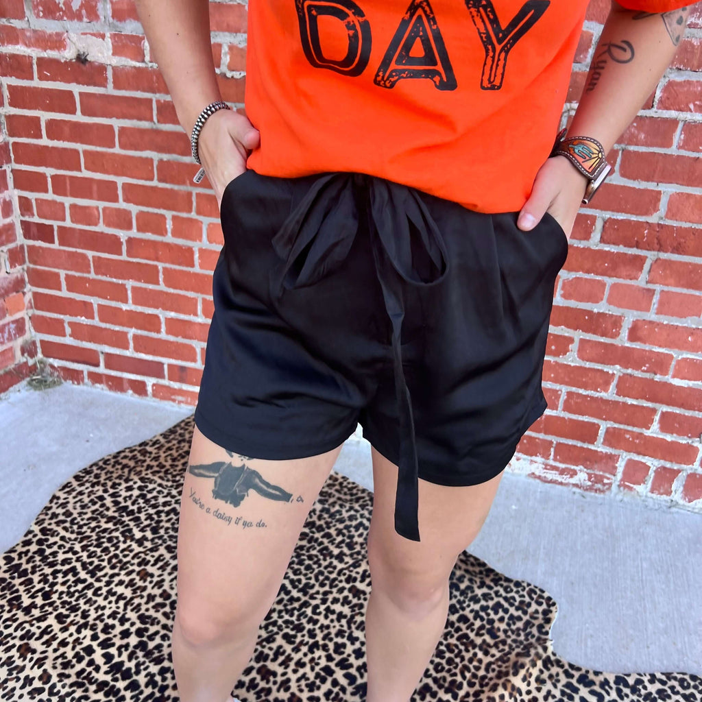 Black Silky with Tie Belt Shorts