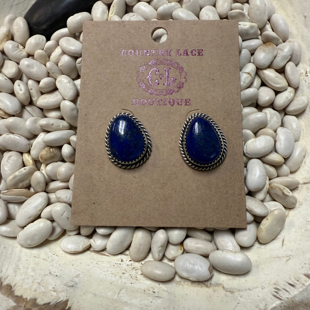 Blue Lapis Tear Drop Braided Stud Post Genuine Earring