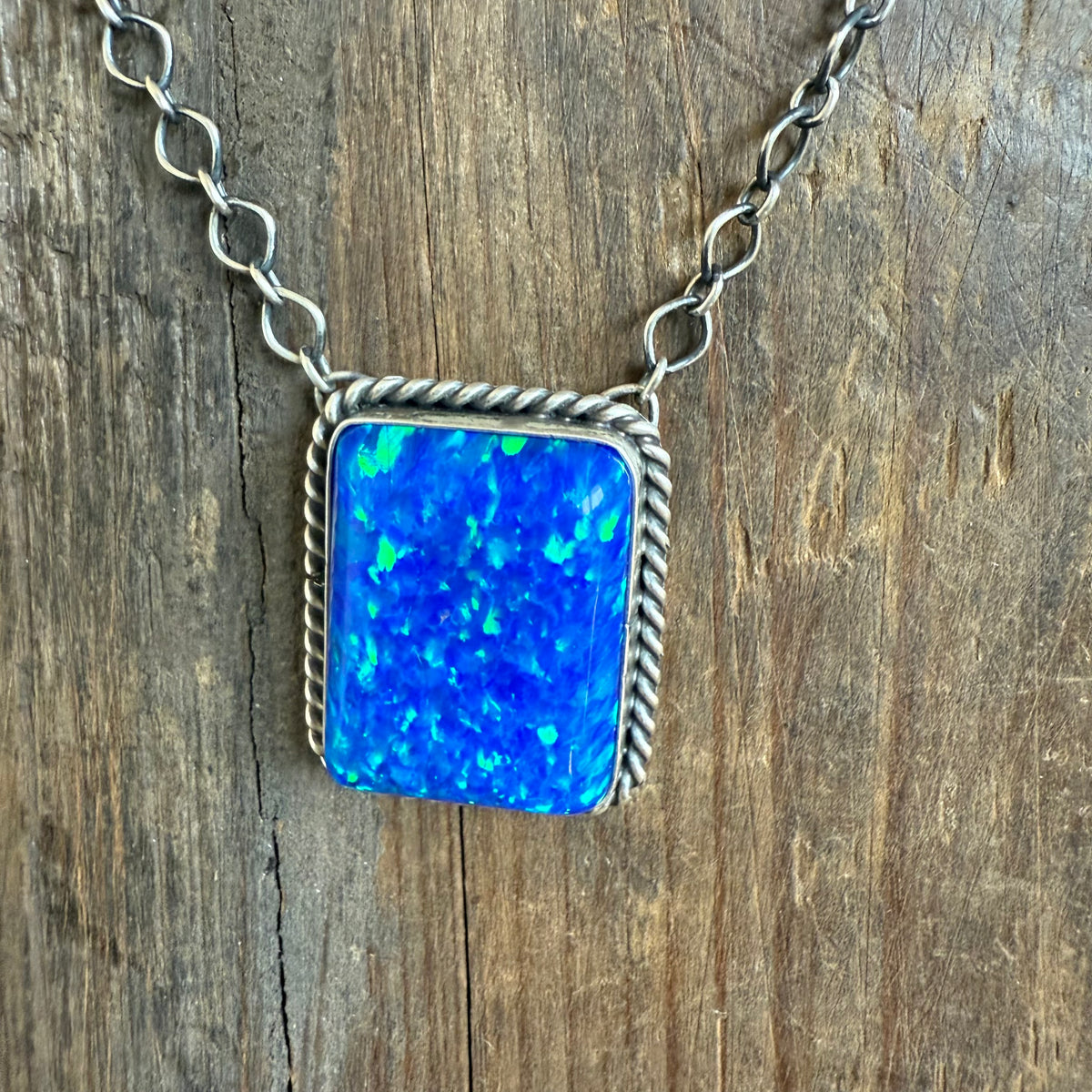 Blue Opal Square Sterling Silver Necklace
