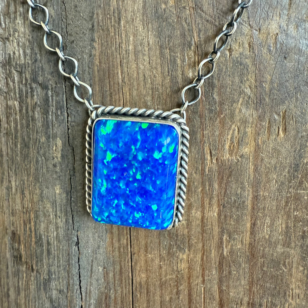 Blue Opal Square Sterling Silver Necklace