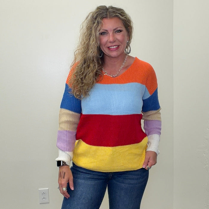 Bright Multi Color Twisted Back Long Sleeve Sweater
