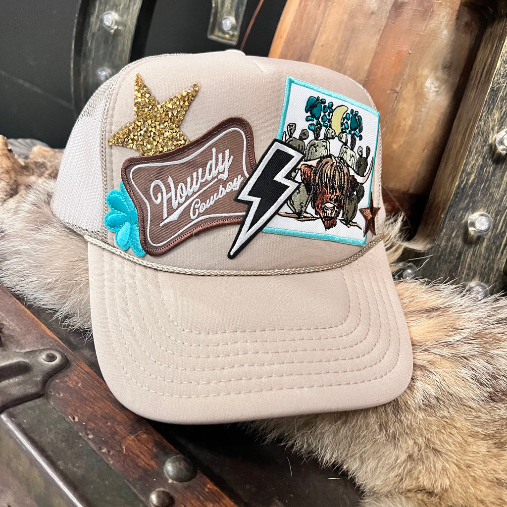 Brown Howdy Cowboy Highland Cow Custom Patch Trucker Hat