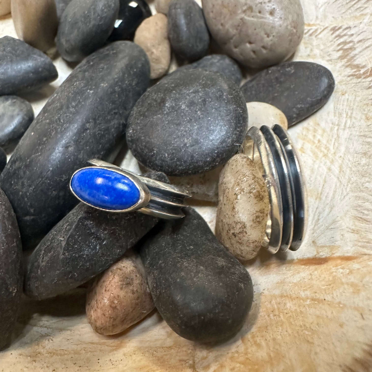 Oval Blue Lapis with Patina Band Sterling Silver Ring