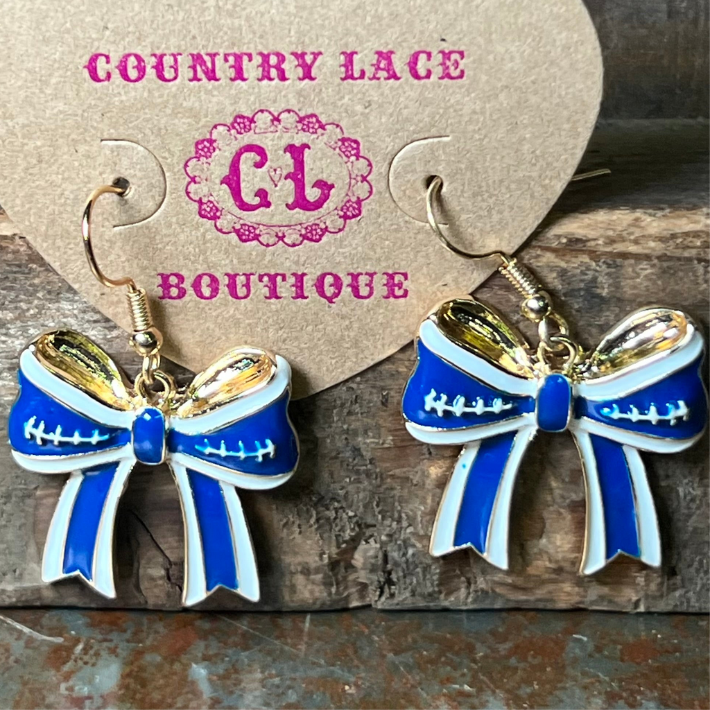 Blue & White Game Day Bow with Gold French Hook Fashion Earrings