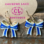 Blue and gold bow-shaped earrings on a Country Lace Boutique card.