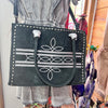 Black Leather Bootstitch Tooled Tote Purse