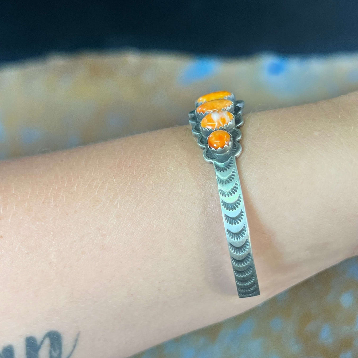 Authentic Orange Spiny with Detailed Cuff Sterling Silver Bracelet
