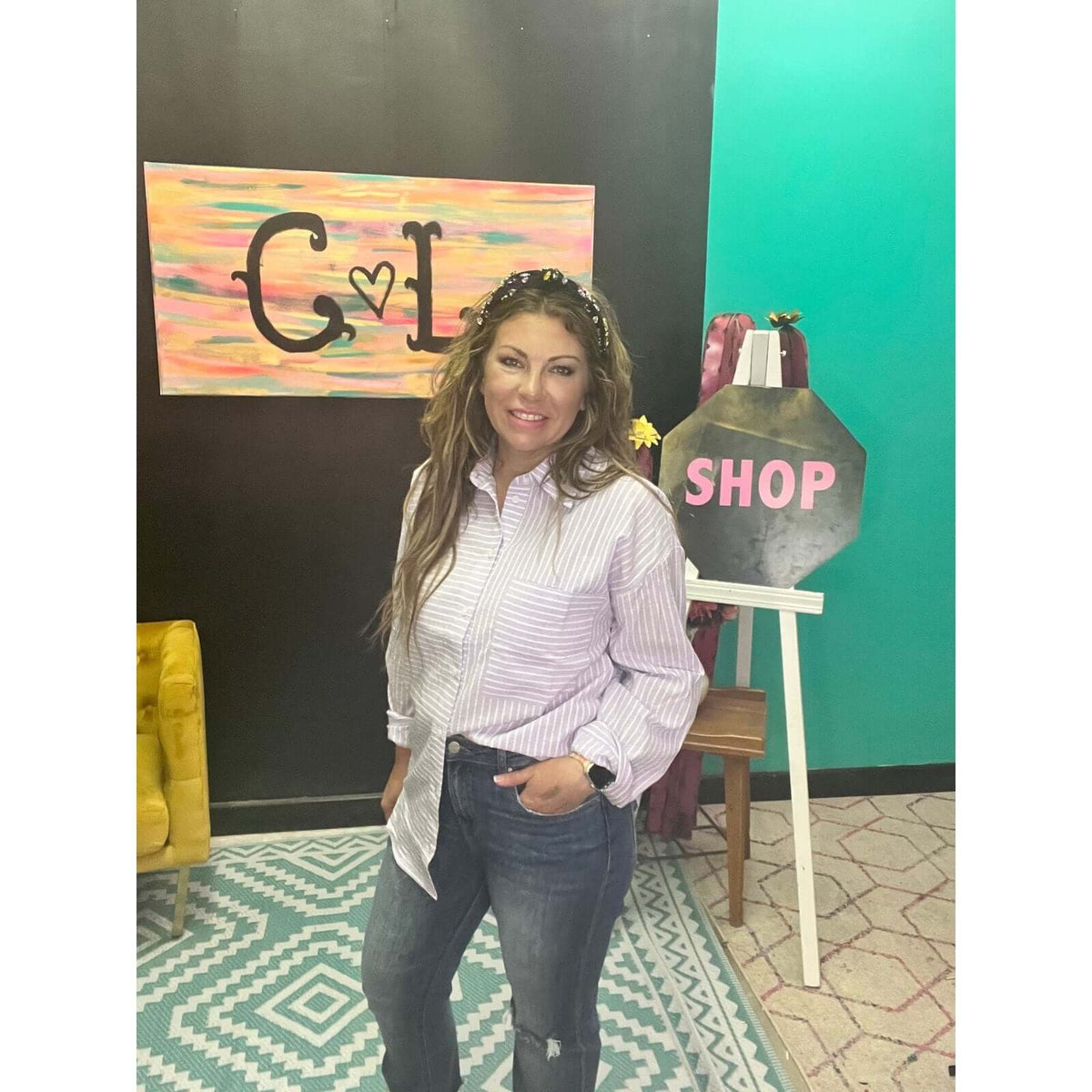 Purple Striped Button Down Top