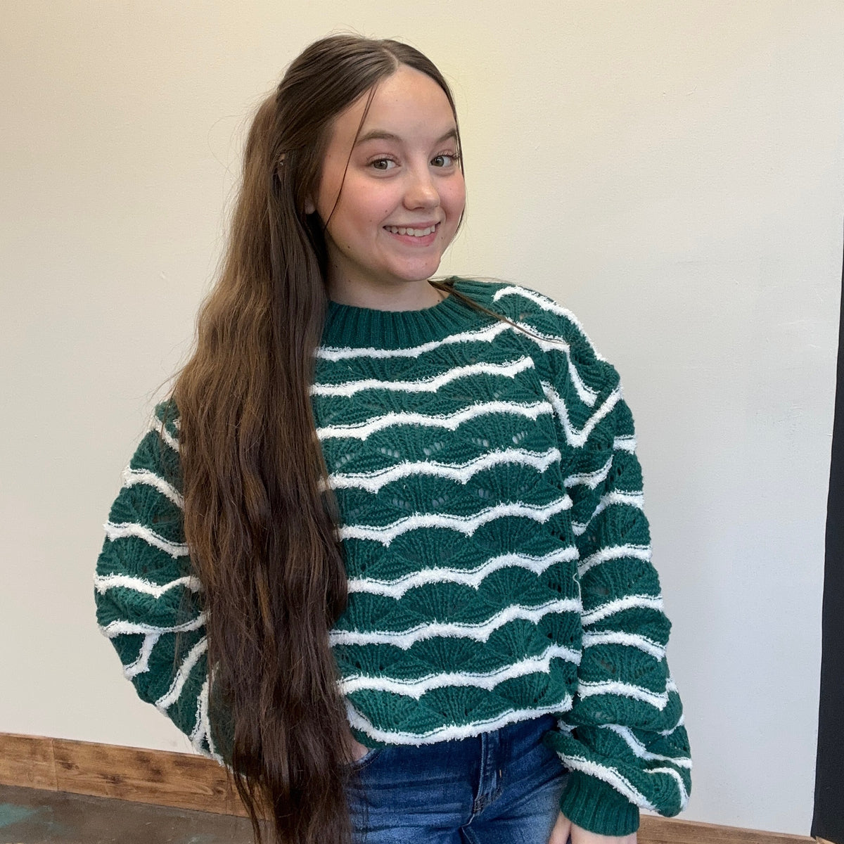 Green & White Detailed Long Sleeve Sweater