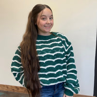 Green & White Detailed Long Sleeve Sweater